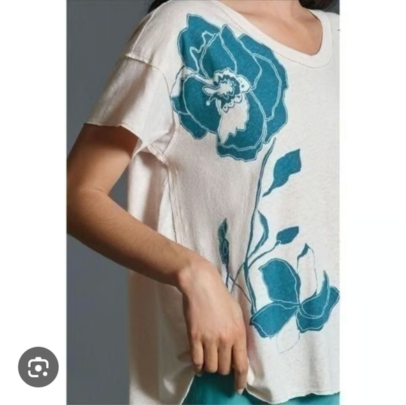 Pilcro Anthropologie Cream and Blue Floral Blouse Linen Cotton Blend Large - Picture 1 of 10